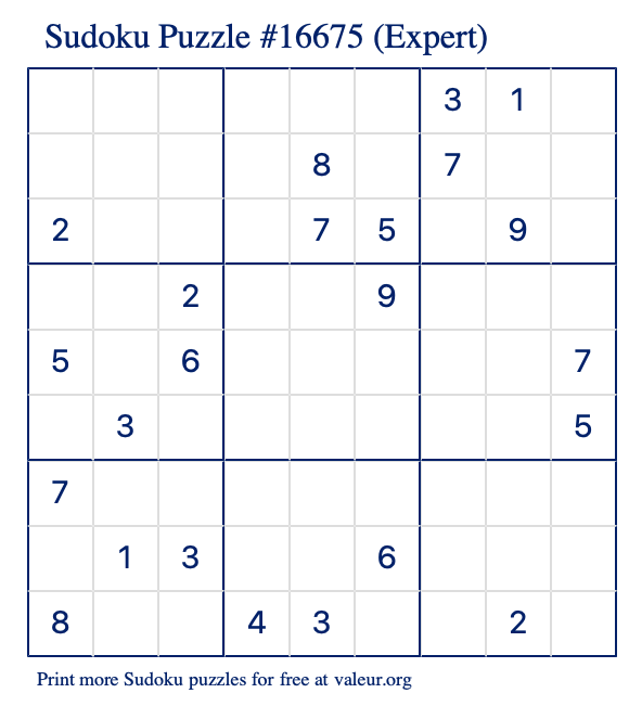 Free Printable Expert Sudoku Puzzle number 16675