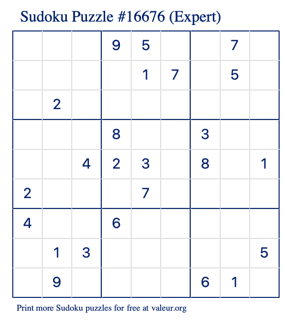 Free Printable Expert Sudoku Puzzle number 16676