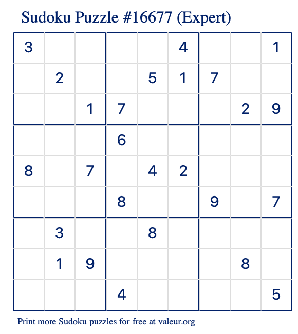 Free Printable Expert Sudoku Puzzle number 16677