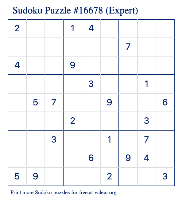 Free Printable Expert Sudoku Puzzle number 16678