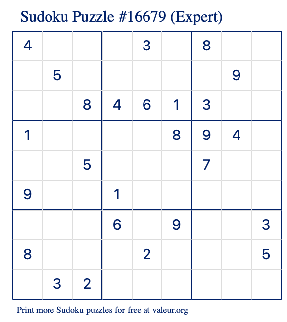 Free Printable Expert Sudoku Puzzle number 16679