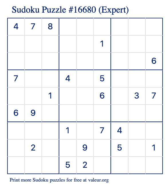 Free Printable Expert Sudoku Puzzle number 16680