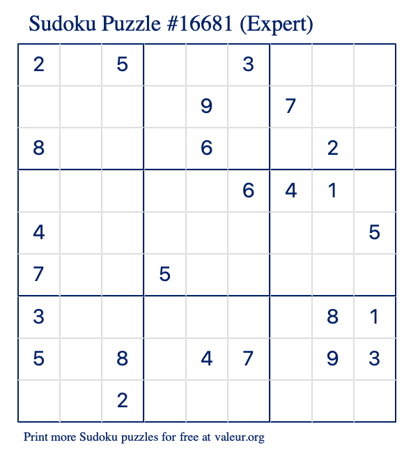 Free Printable Expert Sudoku Puzzle number 16681