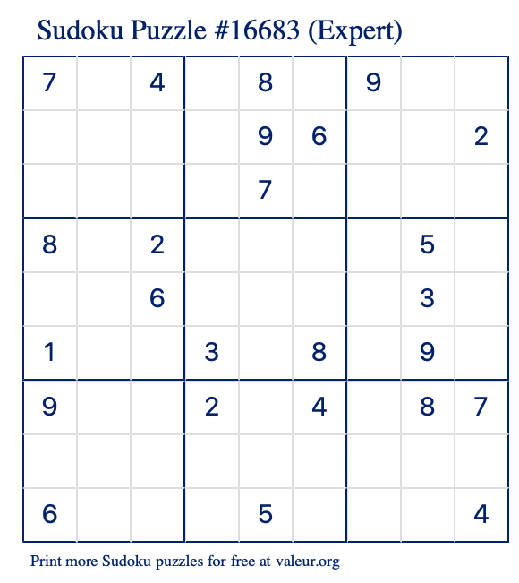 Free Printable Expert Sudoku Puzzle number 16683