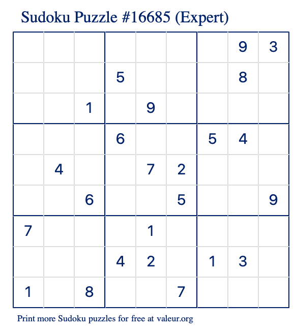 Free Printable Expert Sudoku Puzzle number 16685