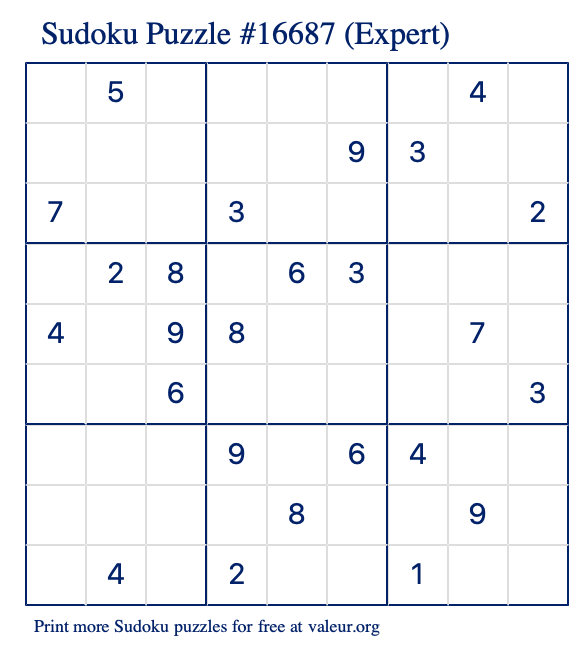 Free Printable Expert Sudoku Puzzle number 16687