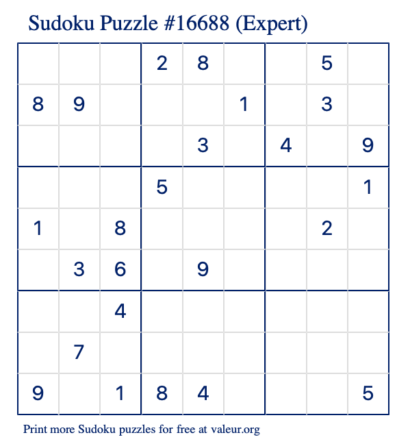 Free Printable Expert Sudoku Puzzle number 16688