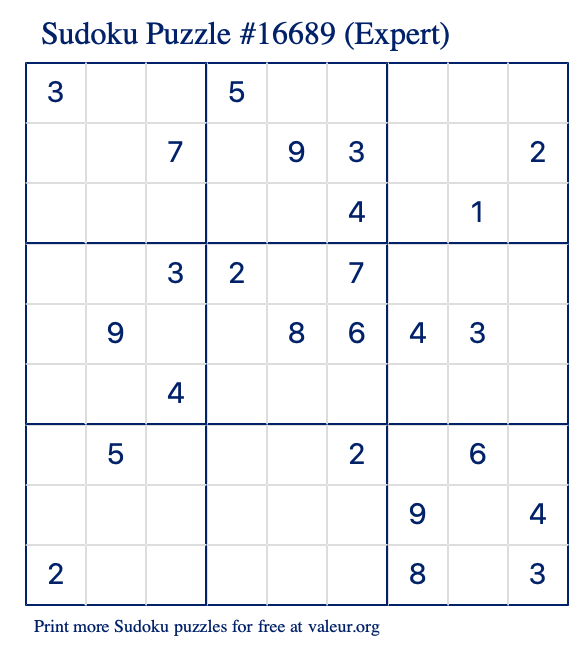 Free Printable Expert Sudoku Puzzle number 16689