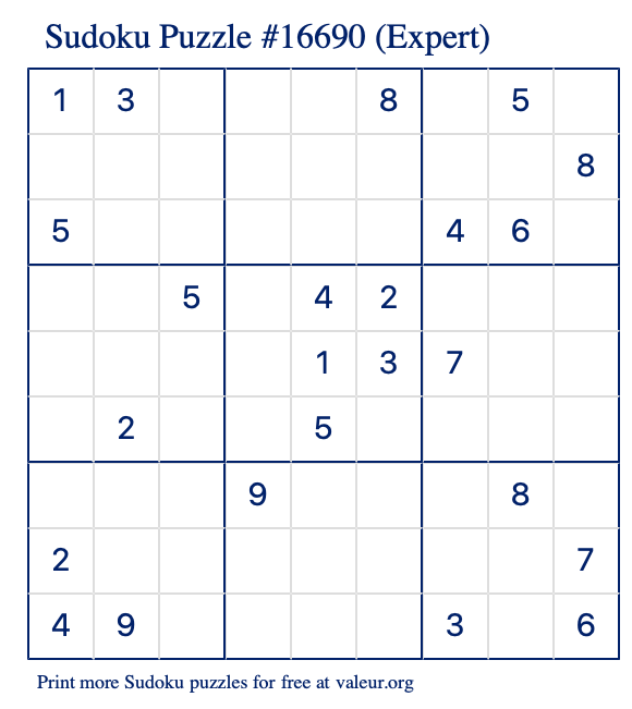 Free Printable Expert Sudoku Puzzle number 16690