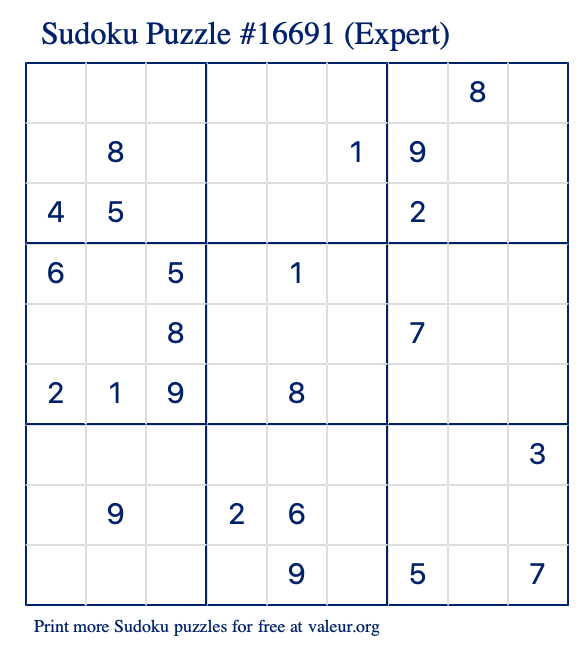 Free Printable Expert Sudoku Puzzle number 16691