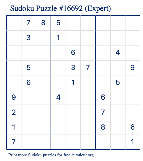 Free Printable Expert Sudoku Puzzle number 16692