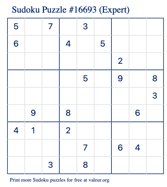 Free Printable Expert Sudoku Puzzle number 16693