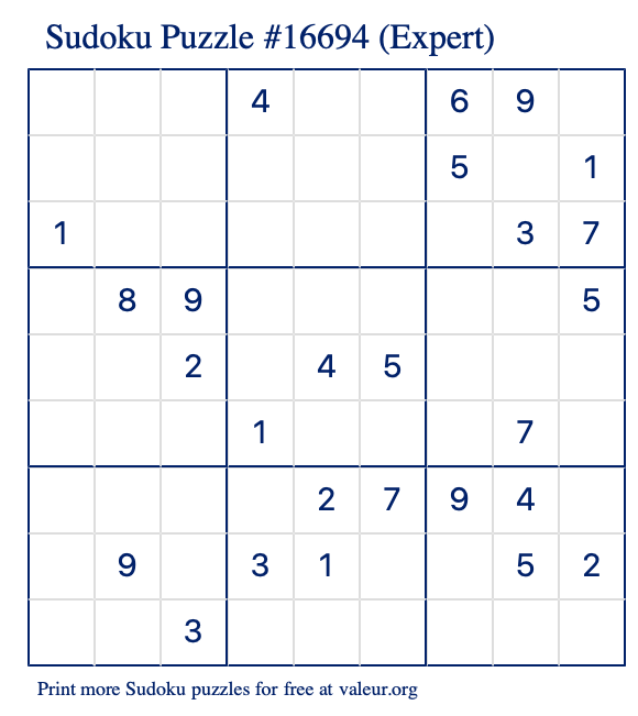 Free Printable Expert Sudoku Puzzle number 16694