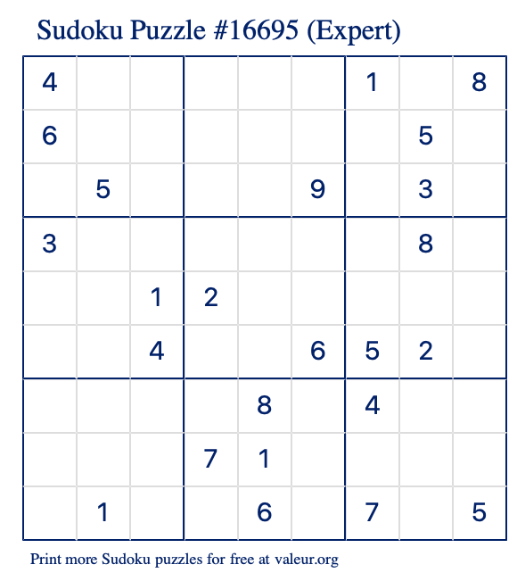 Free Printable Expert Sudoku Puzzle number 16695