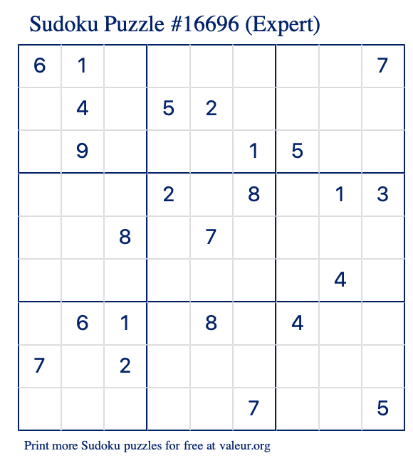 Free Printable Expert Sudoku Puzzle number 16696