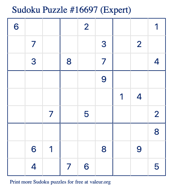 Free Printable Expert Sudoku Puzzle number 16697