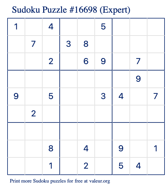 Free Printable Expert Sudoku Puzzle number 16698