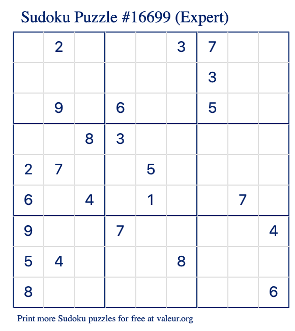 Free Printable Expert Sudoku Puzzle number 16699