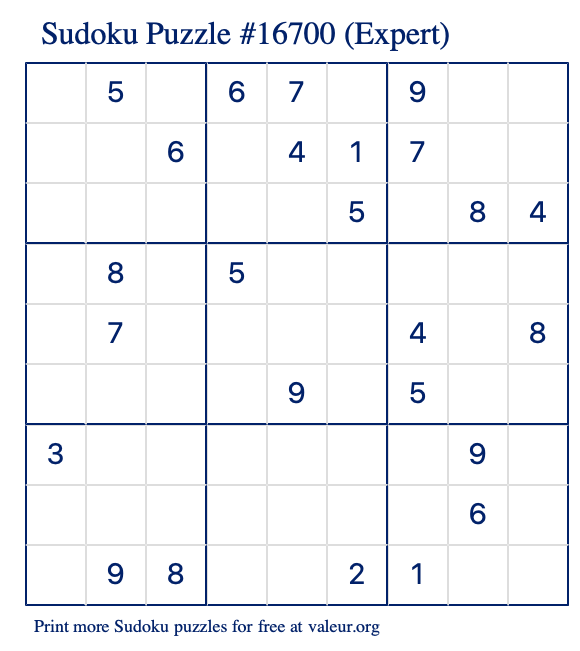 Free Printable Expert Sudoku Puzzle number 16700