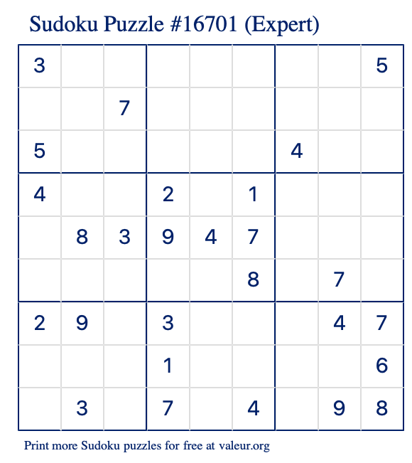 Free Printable Expert Sudoku Puzzle number 16701