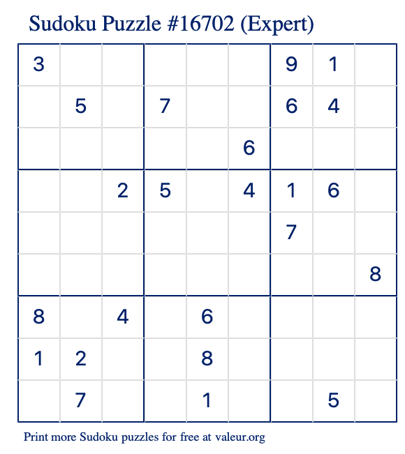 Free Printable Expert Sudoku Puzzle number 16702