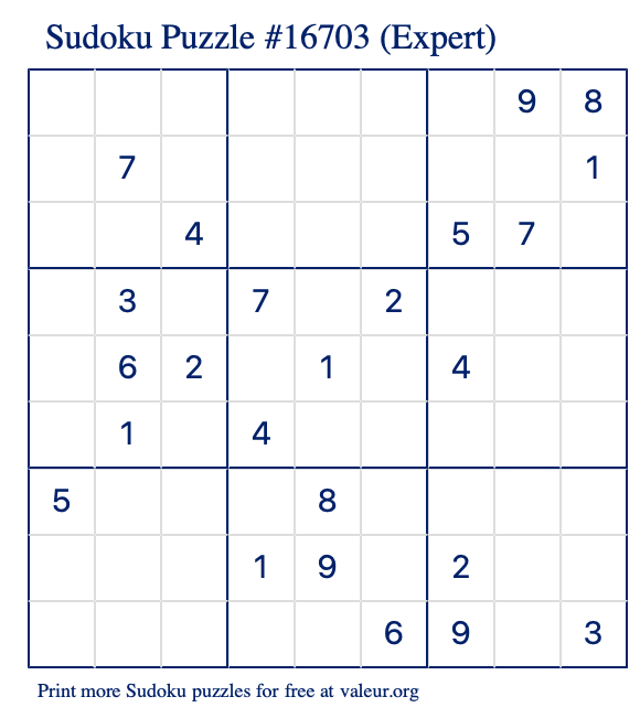 Free Printable Expert Sudoku Puzzle number 16703