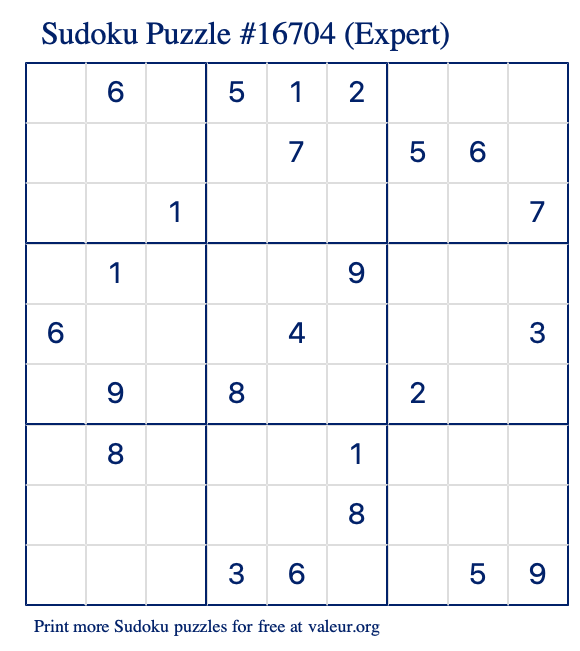 Free Printable Expert Sudoku Puzzle number 16704