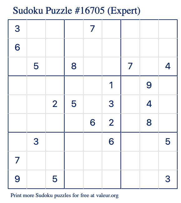 Free Printable Expert Sudoku Puzzle number 16705