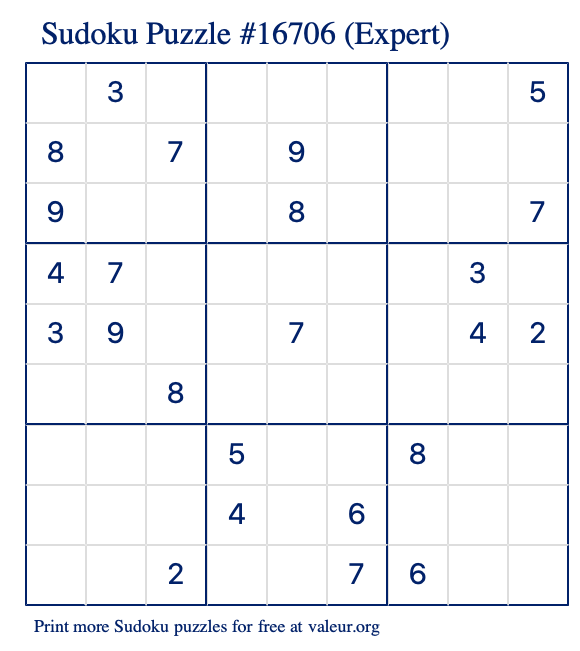 Free Printable Expert Sudoku Puzzle number 16706