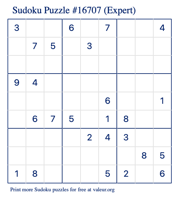 Free Printable Expert Sudoku Puzzle number 16707