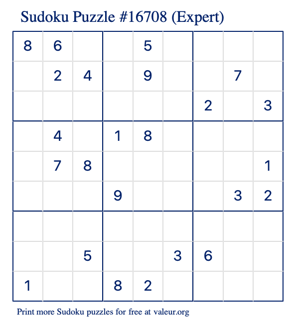 Free Printable Expert Sudoku Puzzle number 16708