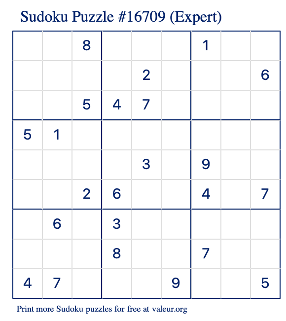 Free Printable Expert Sudoku Puzzle number 16709