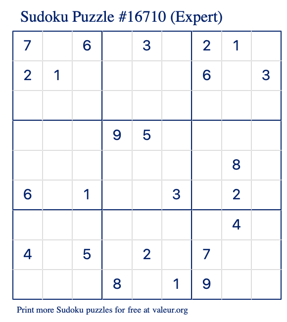 Free Printable Expert Sudoku Puzzle number 16710