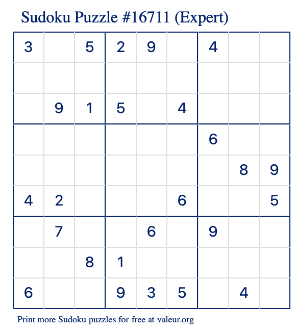 Free Printable Expert Sudoku Puzzle number 16711