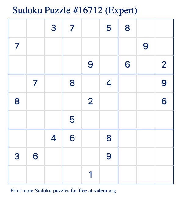 Free Printable Expert Sudoku Puzzle number 16712