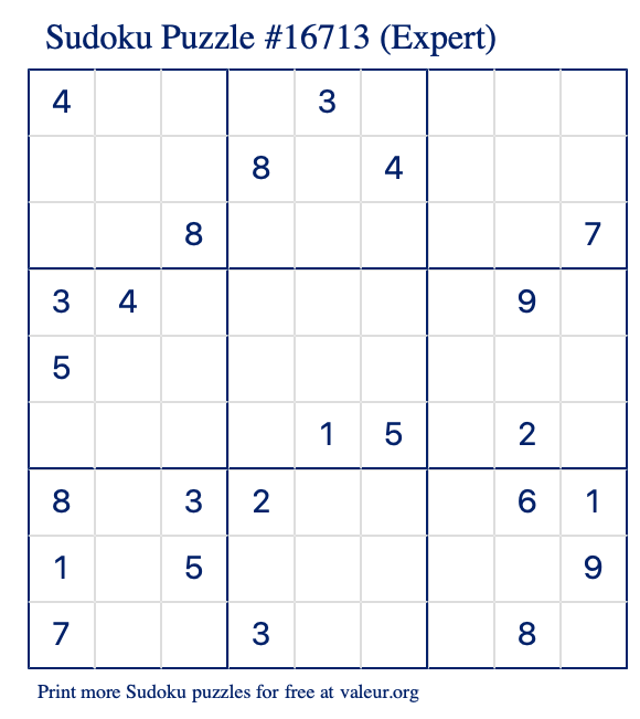 Free Printable Expert Sudoku Puzzle number 16713