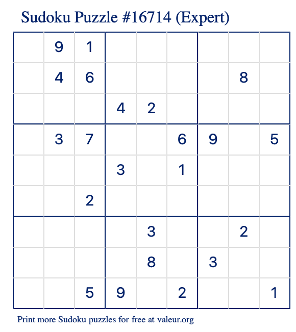 Free Printable Expert Sudoku Puzzle number 16714