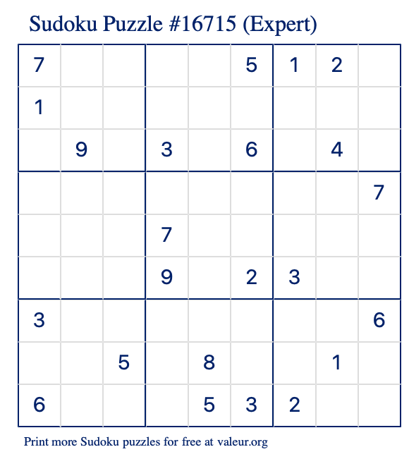 Free Printable Expert Sudoku Puzzle number 16715