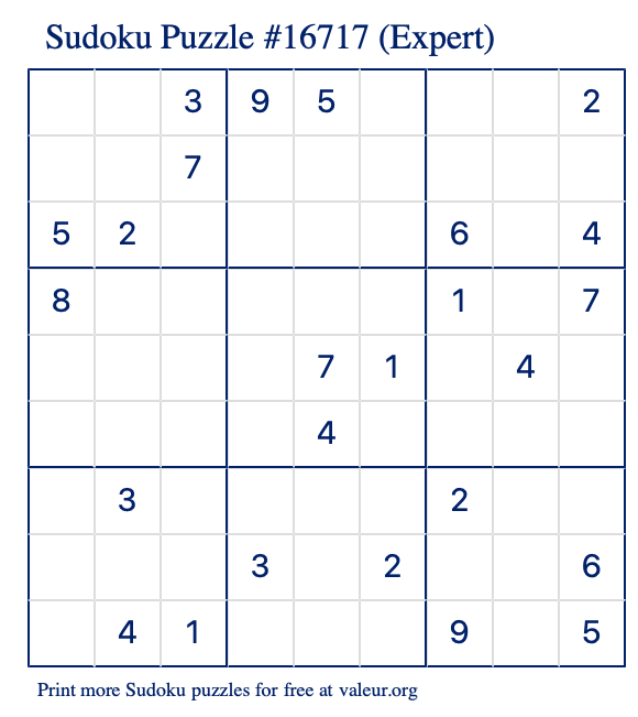 Free Printable Expert Sudoku Puzzle number 16717