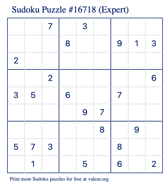 Free Printable Expert Sudoku Puzzle number 16718