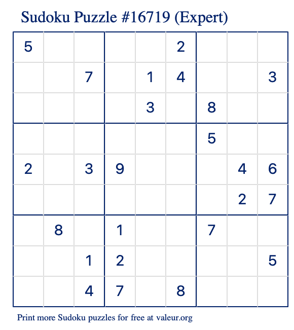 Free Printable Expert Sudoku Puzzle number 16719