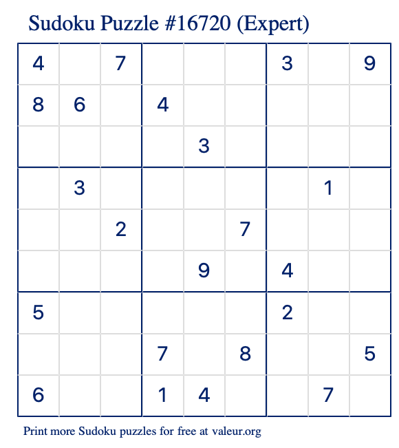 Free Printable Expert Sudoku Puzzle number 16720