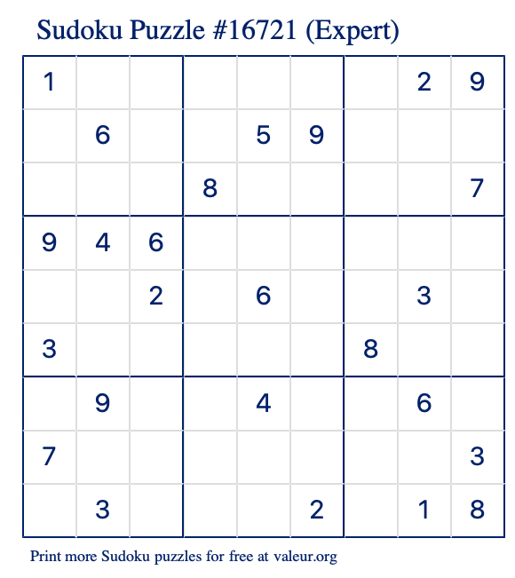 Free Printable Expert Sudoku Puzzle number 16721