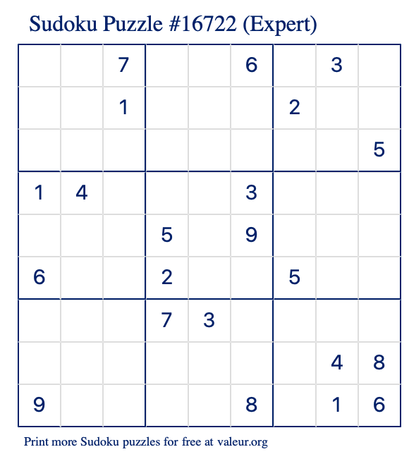 Free Printable Expert Sudoku Puzzle number 16722