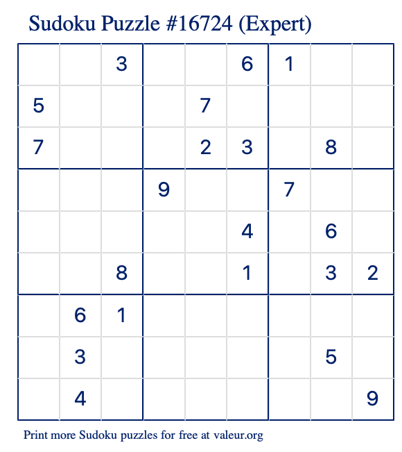 Free Printable Expert Sudoku Puzzle number 16724