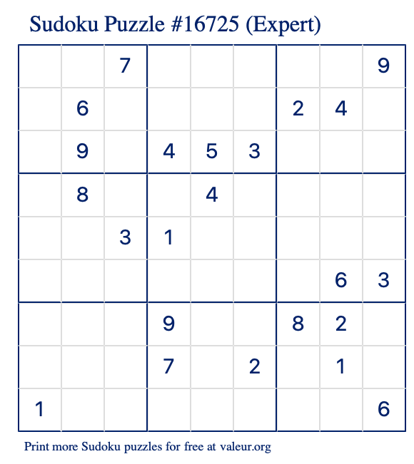 Free Printable Expert Sudoku Puzzle number 16725