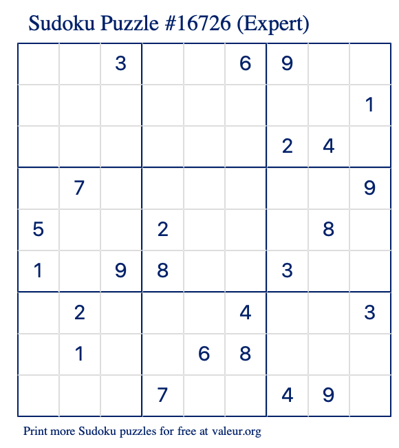 Free Printable Expert Sudoku Puzzle number 16726