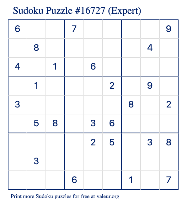 Free Printable Expert Sudoku Puzzle number 16727