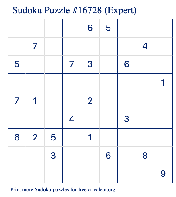 Free Printable Expert Sudoku Puzzle number 16728