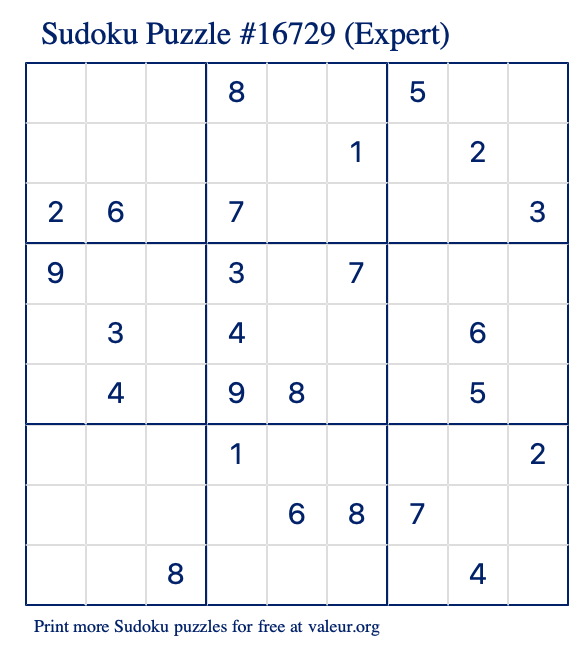 Free Printable Expert Sudoku Puzzle number 16729